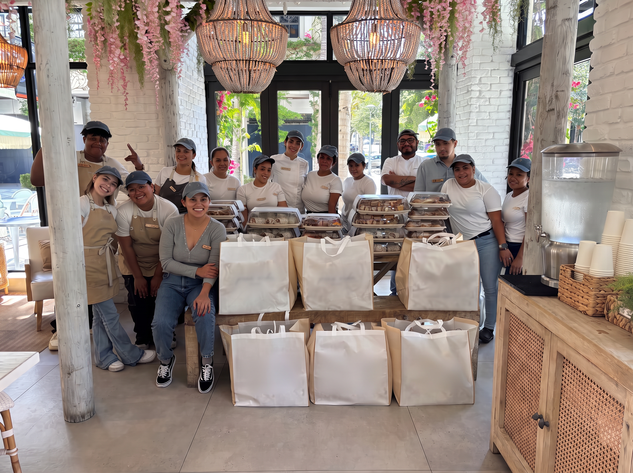 Full hospitality team gathered around a large catering order
