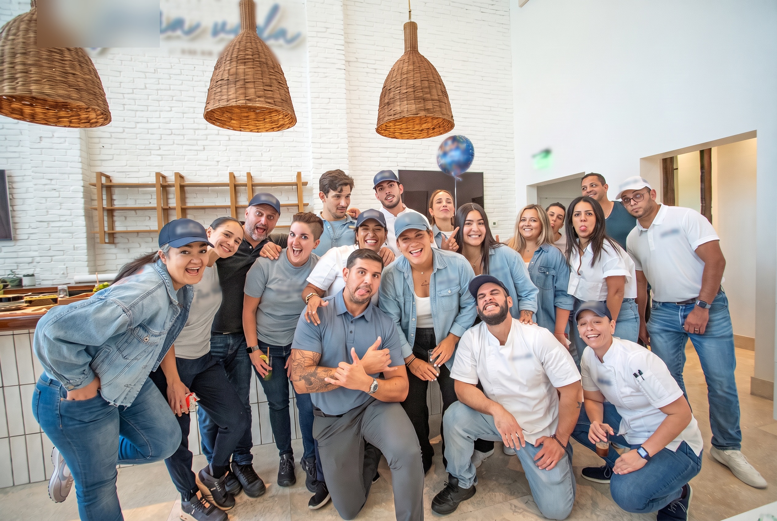 Large café team posing together inside the restaurant